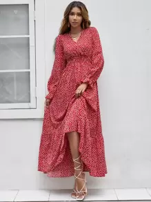 Breezaya Đầm Maxi In Hoa Tay Phồng Xếp Ly Cho Năm Mới Quần Áo Nữ - Đỏ - Xem 5