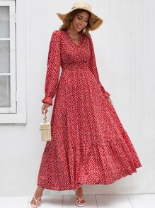 Breezaya Đầm Maxi In Hoa Tay Phồng Xếp Ly Cho Năm Mới Quần Áo Nữ - Đỏ - Xem 6