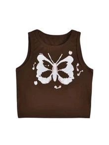Tank Top Crop Bergambar Kupu-kupu - Chocolate Brown - View 3