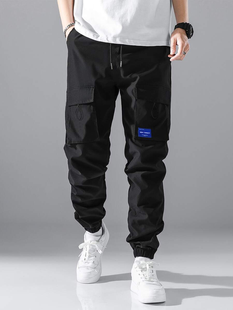 Claim Dot Loose Men's Letter Patched Detail Flap Pocket Drawstring Waist Cargo Pants - Black - View 1
