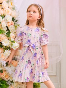 SHEIN 小女童印花泡泡袖百褶下擺繫腰帶洋裝