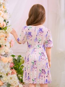 SHEIN 小女童印花泡泡袖百褶下擺繫腰帶洋裝