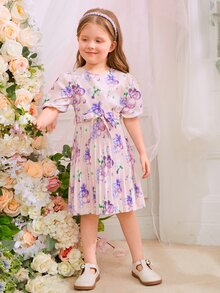 SHEIN 小女童印花泡泡袖百褶下擺繫腰帶洋裝