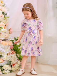 SHEIN 小女童印花泡泡袖百褶下擺繫腰帶洋裝