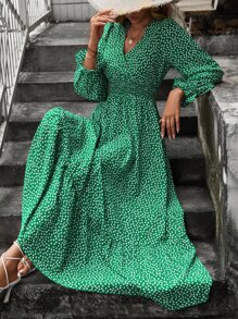 SHEIN Clasi Đầm Xù Viên lá sen Trọn gói Dải chun Họa tiết hoa Giải trí - màu xanh lá - Xem 1