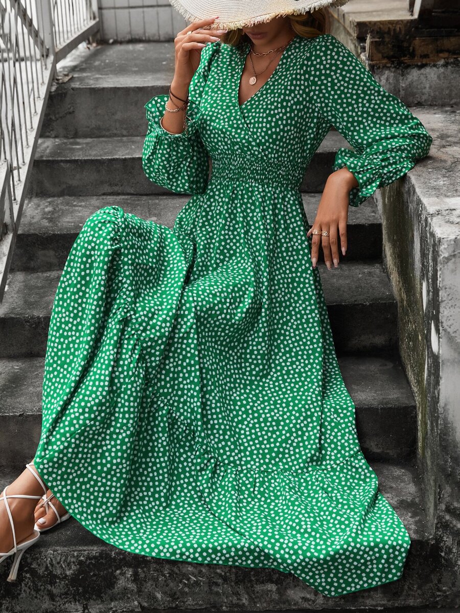 SHEIN Clasi Đầm Xù Viên lá sen Trọn gói Dải chun Họa tiết hoa Giải trí - màu xanh lá - Xem 1