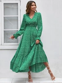 SHEIN Clasi Đầm Xù Viên lá sen Trọn gói Dải chun Họa tiết hoa Giải trí - màu xanh lá - Xem 3