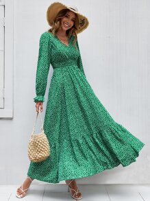 SHEIN Clasi Đầm Xù Viên lá sen Trọn gói Dải chun Họa tiết hoa Giải trí - màu xanh lá - Xem 4