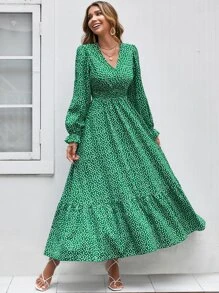 SHEIN Clasi Đầm Xù Viên lá sen Trọn gói Dải chun Họa tiết hoa Giải trí - màu xanh lá - Xem 5