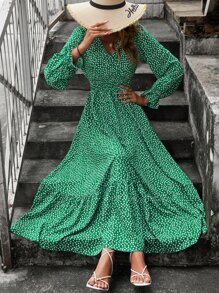 SHEIN Clasi Đầm Xù Viên lá sen Trọn gói Dải chun Họa tiết hoa Giải trí - màu xanh lá - Xem 6