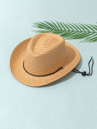 1 pieza Sombrero de paja sencillo de moda unisex para niños, sombrero de paja Panamá con cuerda, adecuado para uso diario al aire libre, vacaciones en la playa, protección solar, regalo para niños, paseo a caballo en la pradera, sombrero de sol esencial para niños de 3 a 8 años