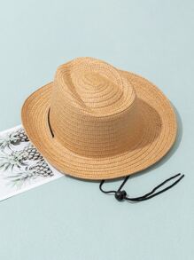 1 件装男女通用儿童卡其色简约时尚草帽，带风绳的巴拿马草帽，适合户外日常佩戴，海滩度假防晒，儿童礼物，草原骑马，3-8 岁必备太阳帽 - 卡其色 - 查看 2