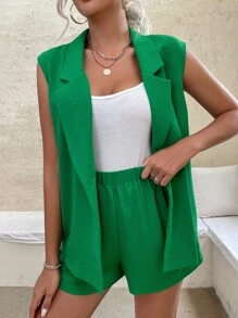 Chiquease Lapel Neck Single Button Vest Blazer & Shorts - Green - View 1