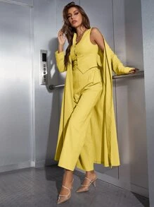Modelyn Solid Button Front Tank Top & Wide Leg Trousers & Coat - Yellow - View 1