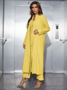 Modelyn Solid Button Front Tank Top & Wide Leg Trousers & Coat - Yellow - View 3