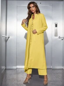 Modelyn Solid Button Front Tank Top & Wide Leg Trousers & Coat - Yellow - View 5