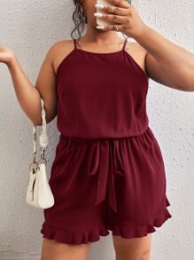 SHEIN LUNE Plus Cut Out Back Ruffle Hem Belted Cami Romper - Maroon - View 1
