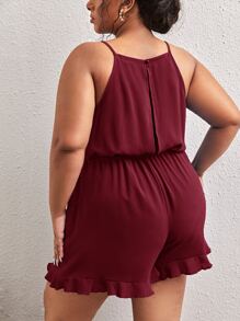 SHEIN LUNE Plus Cut Out Back Ruffle Hem Belted Cami Romper - Maroon - View 2