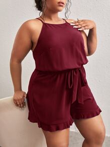 SHEIN LUNE Plus Cut Out Back Ruffle Hem Belted Cami Romper - Maroon - View 3