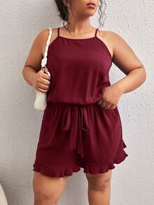 SHEIN LUNE Plus Cut Out Back Ruffle Hem Belted Cami Romper - Maroon - View 5