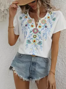 Floral Embroidery Batwing Sleeve Popover Blouse - White - View 1