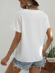 Floral Embroidery Batwing Sleeve Popover Blouse - White - View 2