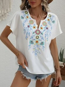 Floral Embroidery Batwing Sleeve Popover Blouse - White - View 4