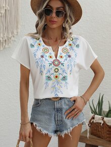 Floral Embroidery Batwing Sleeve Popover Blouse - White - View 5