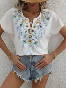 Floral Embroidery Batwing Sleeve Popover Blouse - White - View 6