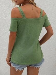 SHEIN LUNE Camiseta con abertura delantera de hombros descubiertos - Verde - Ver 2