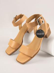 Wide Fit Low Block Heeled Sandals - Camel - View 1