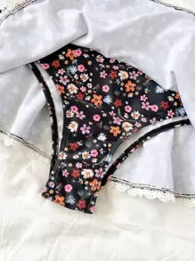 SHEIN Swim 碎花比基尼套裝褶邊前打結文胸和雙多層微裙裤2入組泳衣