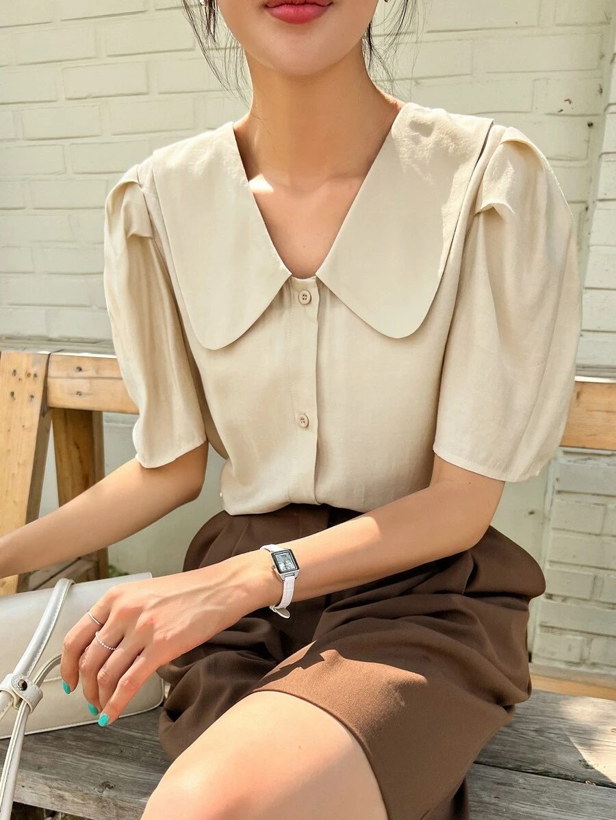 DAZY Puff Sleeve Statement Collar Blouse - Apricot - View 1