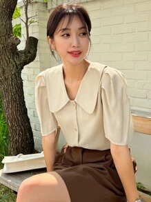 DAZY Puff Sleeve Statement Collar Blouse - Apricot - View 3