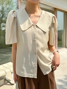 DAZY Puff Sleeve Statement Collar Blouse - Apricot - View 5