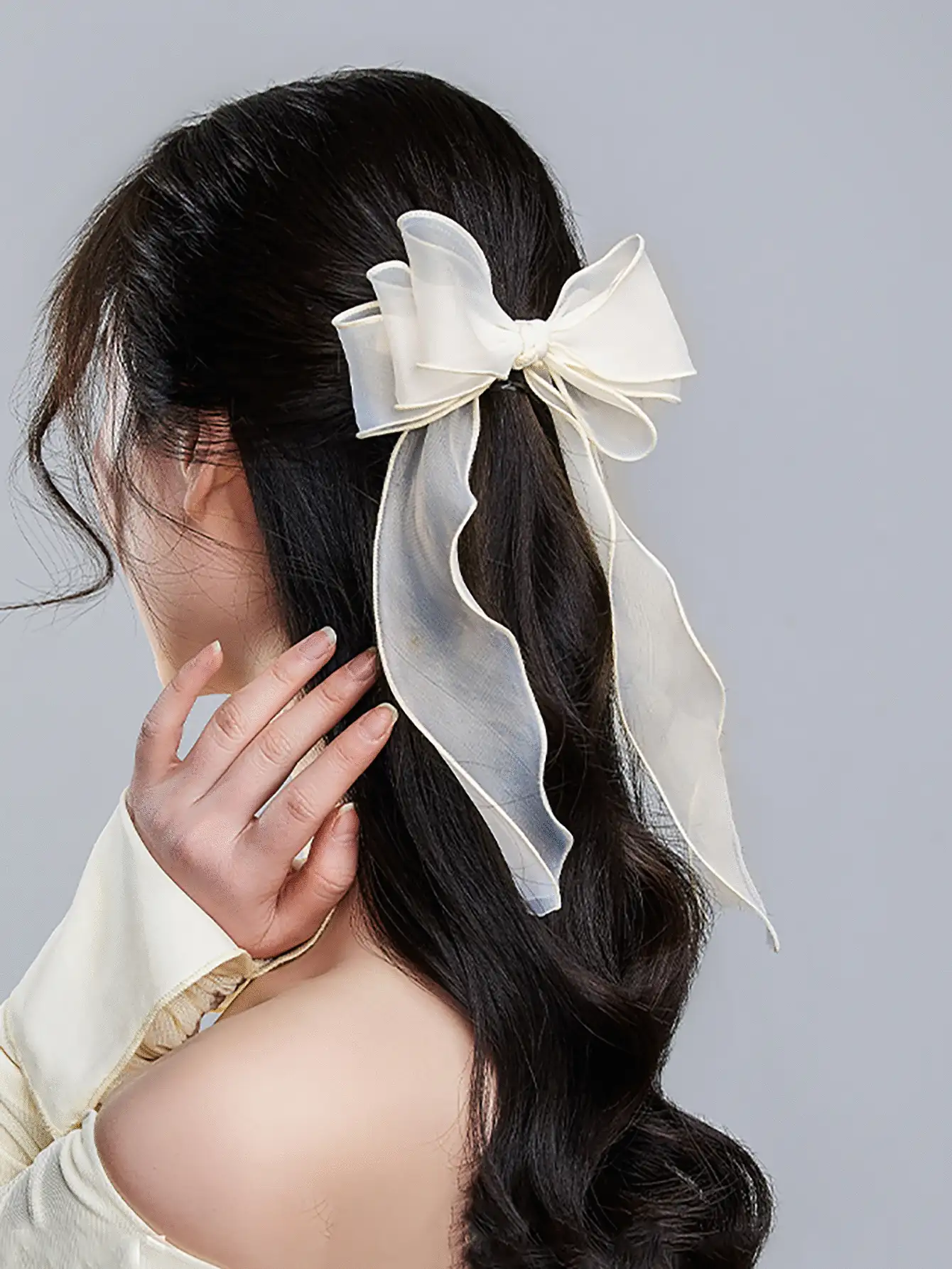 蝴蝶结装饰鳄鱼发夹优雅爪夹发夹发夹，学校用品，大学 - 米色 - 查看 2