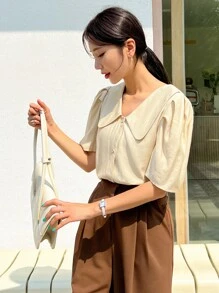 DAZY Puff Sleeve Statement Collar Blouse - Apricot - View 6