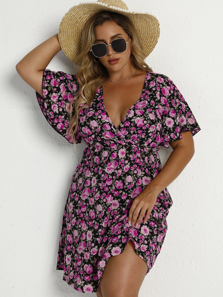 Breezaya 大碼滿版印花連衣裙不附帶腰帶 - 粉色 - 查看 1