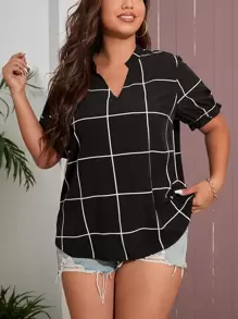 SHEIN LUNE Áo sơ mi Plus Size Xù Sọc ca rô Giải trí - màu đen - Xem 1