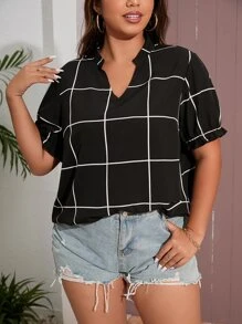 SHEIN LUNE Áo sơ mi Plus Size Xù Sọc ca rô Giải trí - màu đen - Xem 6