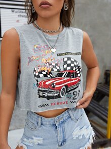 SHEIN EZwear Bikercore Slogan & Car Print Crop Tank Top - Light Grey - View 1