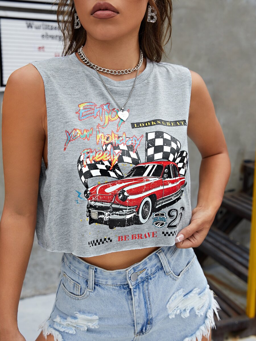 SHEIN EZwear Bikercore Slogan & Car Print Crop Tank Top - Light Grey - View 1