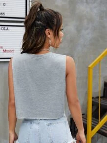 SHEIN EZwear Bikercore Slogan & Car Print Crop Tank Top - Light Grey - View 2