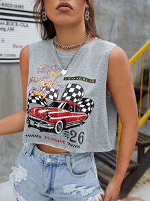 SHEIN EZwear Bikercore Slogan & Car Print Crop Tank Top - Light Grey - View 3