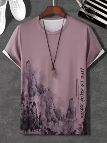 Manfinity Homme 男士隨機山與標語圖案T恤 - 藕粉色 - 查看 1