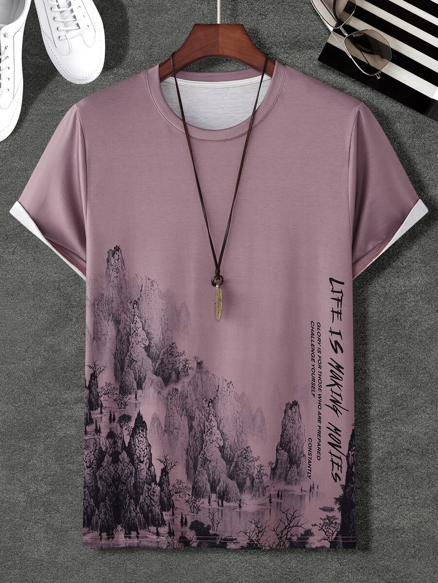 Manfinity Homme 男士隨機山與標語圖案T恤 - 藕粉色 - 查看 1