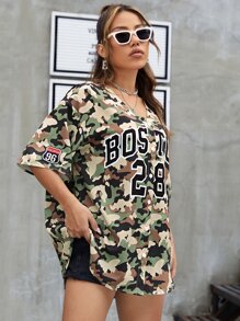 SHEIN Coolane 字母和迷彩圖案落肩袖棒球襯衫 - 彩色 - 查看 7