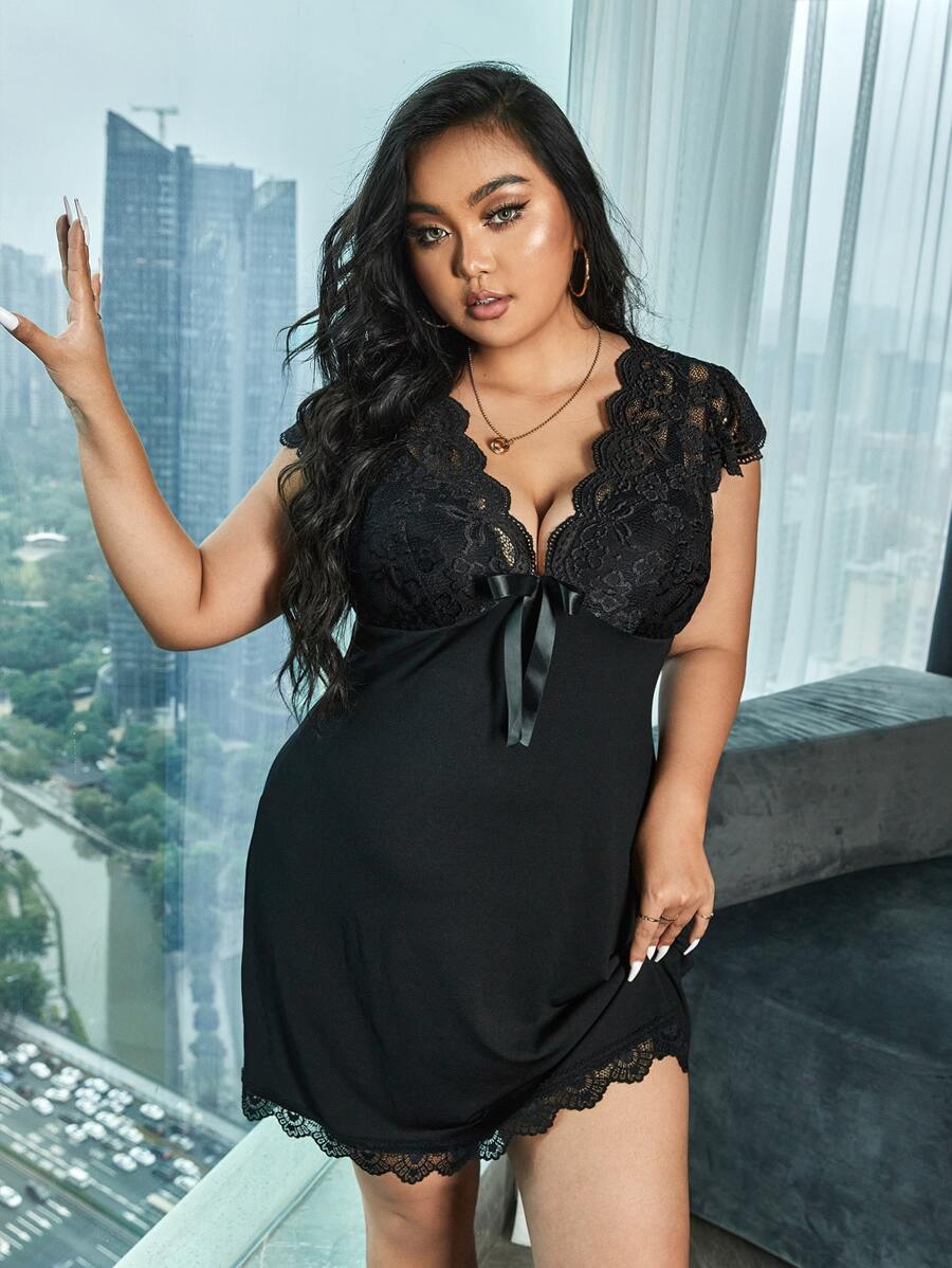 Plus Contrast Lace Bow Front Sleep Nightdress - Black - View 1