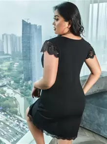 Plus Contrast Lace Bow Front Sleep Nightdress - Black - View 2