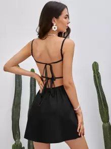 Soleia Đầm Lộ Lưng Thắt nút Buộc lại Nếp gấp Phần Ngực màu trơn Boho - màu đen - Xem 1